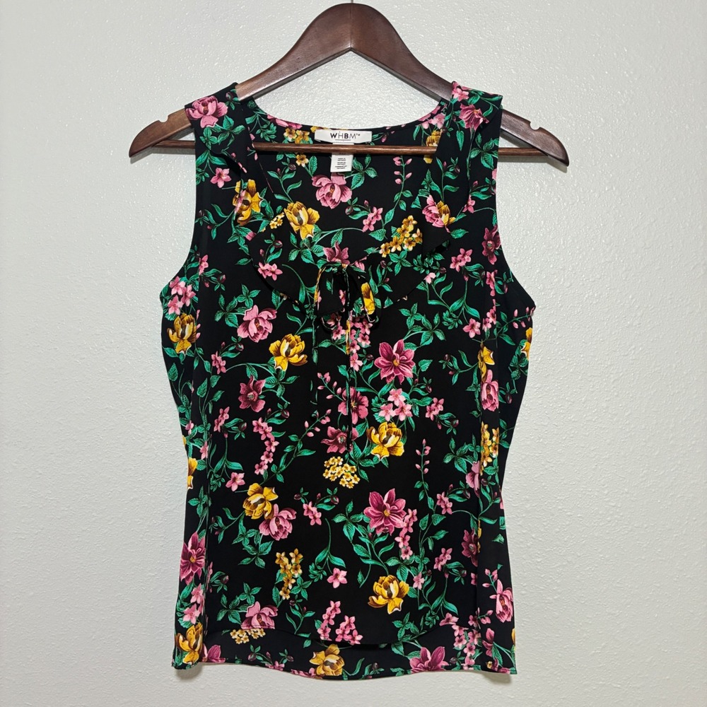 White House Black Market WHBM Floral Ruffle Tie Neck Sleeveless Blouse Black XXS